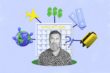 Fototapeta Exclusive magazine picture sketch collage image of unsure guy having many trip organization questions isolated creative background obraz
