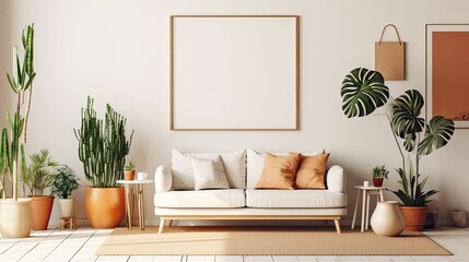 boho-inspired interior living room space with a mockup poster frame