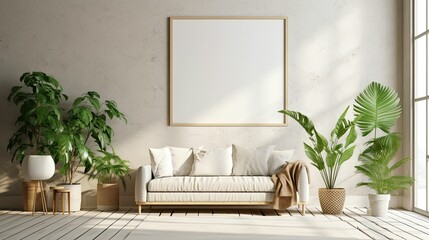 boho-inspired interior living room space with a mockup poster frame