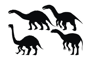 Dinosaur silhouette vector collection on a white background. Beautiful big dinosaurs for kids silhouette set design. Carnivore dinosaur standing, black and white silhouette vector bundle.