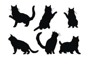 Cute home cat vector design on a white background. Feline standing silhouette set vector. Cute cat sitting silhouette bundle design. Cat standing in different positions silhouette collection.