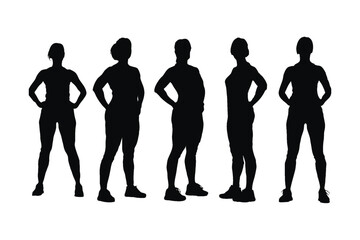 Female gymnast and bodybuilder silhouette set vector on a white background. Woman bodybuilder standing in different positions. Anonymous bodybuilder and female gymnast silhouette with muscular bodies.