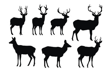 Deer silhouette vector collection on a white background. Beautiful male gazelle with big horns silhouette set design. Stag and reindeer standing, black and white silhouette vector bundle.