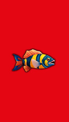 Multicolored fish on a red background. Vertical image