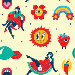 Retro Pin Up Girls Seamless Pattern. Background Wallpaper with summer girls with strawberry and watermelon costume and sun, floower groovie stickers