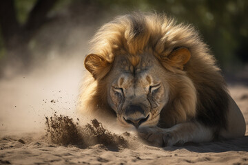 a lion taking a dust bath