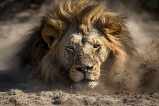 a lion taking a dust bath