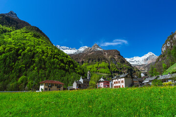 The small characteristic village of Sonogno, the highest town of Val Verzasca, in Canton Ticino,...