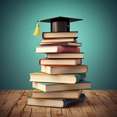 Stack of books and a hat of the graduate,Achievement in education,Education Concept,AI generated.