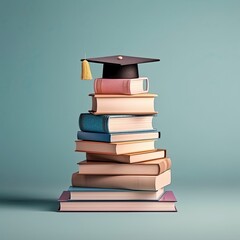 Stack books with black square academic cap on top,Graduation in school, College or university,AI generated.