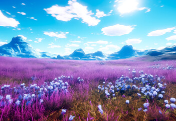 Field with lots of flowers and blue sky, White daisies, purple flowers, sky and dahlias, naturalistic landscape backgrounds. Generative Ai Illustration.