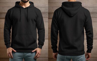 black hoodie sweater photo with front and back view isolated on wooden wall background. generative ai