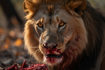a lion is eating meat