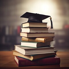 Education Concept,Pile of books with a square graduation hat at the top,AI generated.