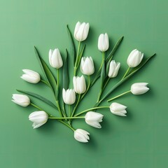 Top view minimal floral,Creative layout made of white tulips on green background,AI generated.