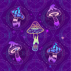 Bright psychedelic mushrooms seamless pattern, retro 60s, 70s hippie style background. Vintage psychedelic textile, fabric, wrapping, wallpaper. Vector repeating magic illustration.
