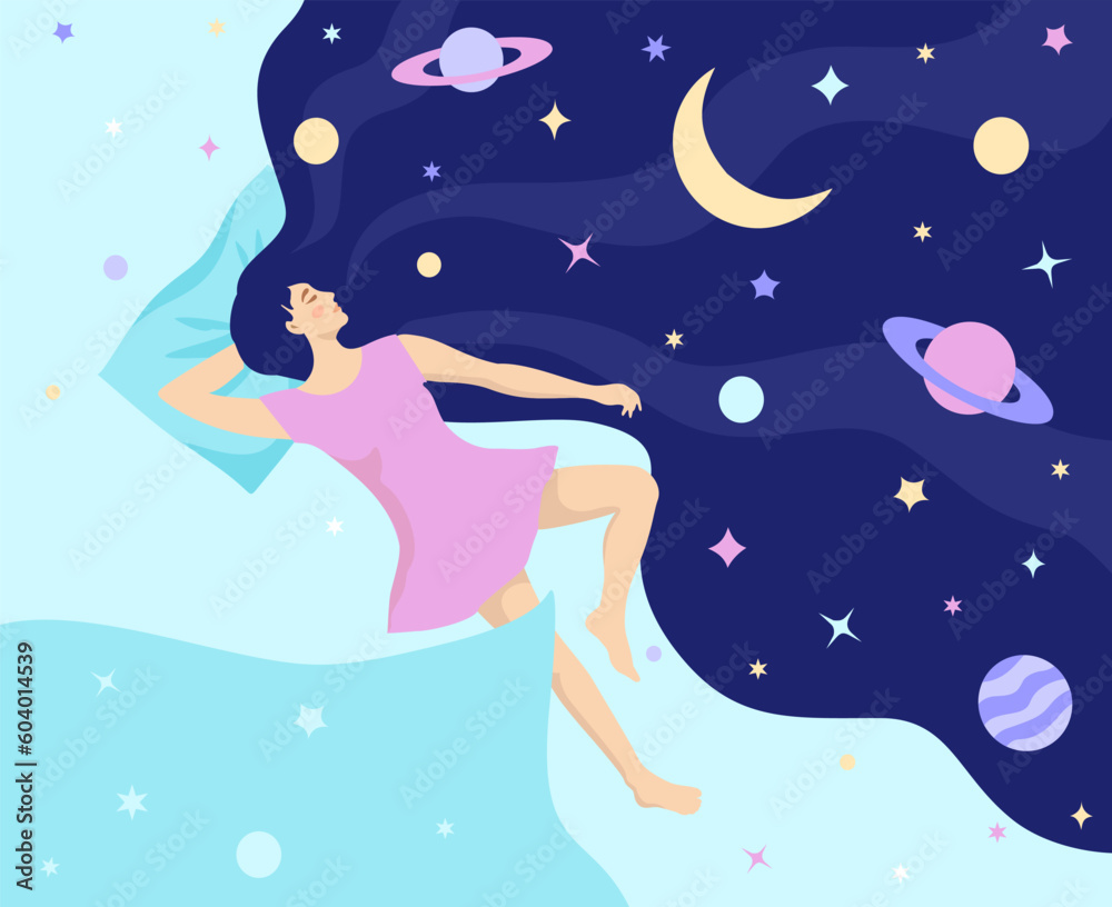 Wall mural girl with night dream universe. woman universe in hair. modern flat character. woman character in dr