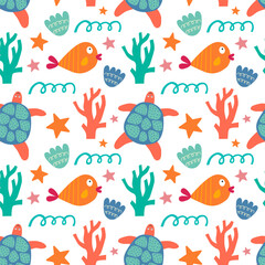 Seamless pattern with turtles and fish. Vector background with a marine theme.