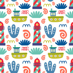 Seamless pattern with lighthouses. Vector background with a marine theme.