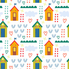 Seamless pattern with beach house and plants. Vector background with a marine theme.