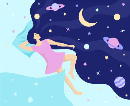 Girl with night dream universe. Woman universe in hair. Modern flat character. Woman character in dream. Abstract astrology concept in flat graphic vector illustration.