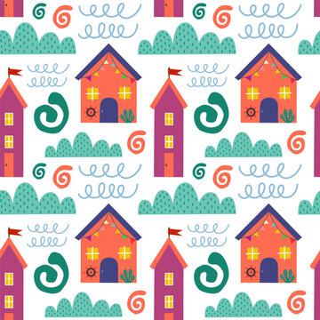 Seamless pattern with beach house and plants. Vector background with a marine theme. © KiraKonoshenko