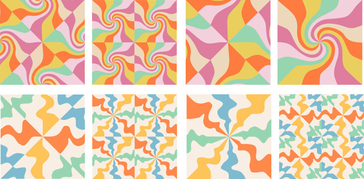 Retro background patterns in a spiral or swirl radial stripes design. Groovy poster y2k retro background set for print design. Vector illustration.Vintage hippie psychedelic background.