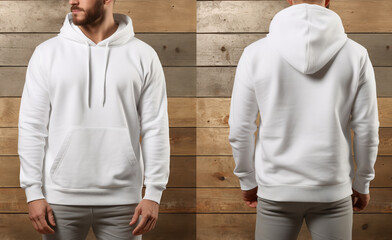 white hoodie sweater photo with front and back view isolated on wooden wall background. generative ai