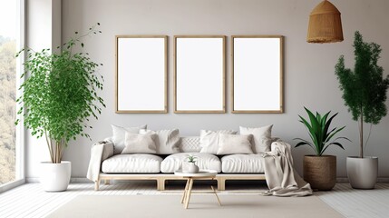 boho-inspired interior living room space with 3 mockup poster frames