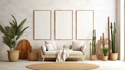 boho-inspired interior living room space with 3 mockup poster frames