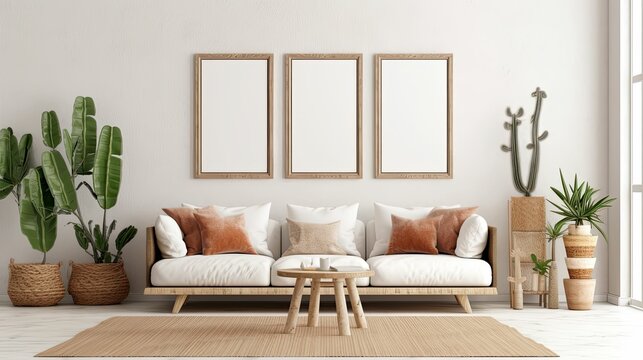 boho-inspired interior living room space with 3 mockup poster frames