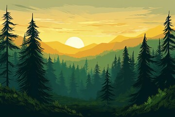 Landscape forest mountains nature adventure travel background - Illustration of valley view of forest fir trees, mountains and sunset, Generative Ai