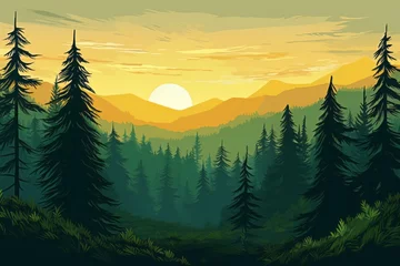 Foto op Canvas Landscape forest mountains nature adventure travel background - Illustration of valley view of forest fir trees, mountains and sunset, Generative Ai © Corri Seizinger