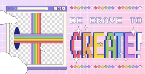 Trendy Y2K poster with retro computer window with rainbow and portals, futuristic motivational banner in 2000s aesthetic.