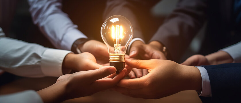 hand of business man holding light bulb with Innovation and idea business people planing and analysis work in office, dream team and team work concept, Generative AI