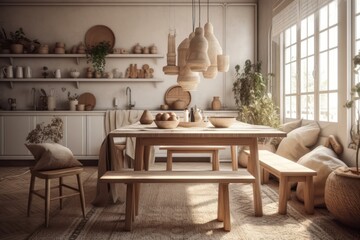 The original interior of the dining room, a table, chairs, benches, shelves and dishes made of natural wood, wicker lampshades. Ecostyle in living space. Generative AI