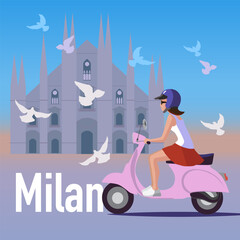 Girl riding a scooter in the centre of Milan vector illustration