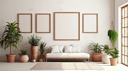 Fototapeta premium boho-inspired interior living room space with mockup poster frames