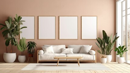 boho-inspired interior living room space with mockup poster frames
