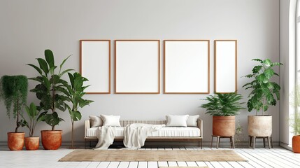 boho-inspired interior living room space with mockup poster frames