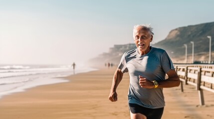 Older man doing sport to keep fit. Mature man running along the shore of the Beach boardwalk pacific ocean in background. Generative AI.