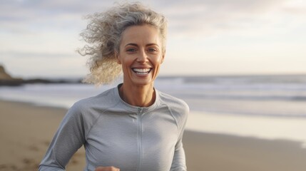 Attractive fit woman running on Santa Monica Beach boardwalk pacific ocean in background. Generative AI. - obrazy, fototapety, plakaty