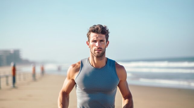 Attractive fit man running on Santa Monica Beach boardwalk pacific ocean in background. Generative AI.