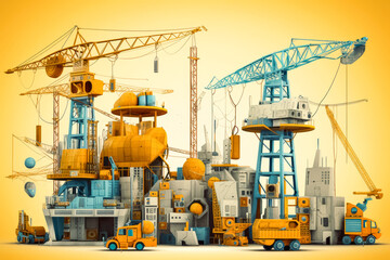 Obraz na płótnie Canvas Cranes and construction equipment, scaffolding at a construction site, Yellow color scheme, constructing a buildings. Generative Ai Illustration. 