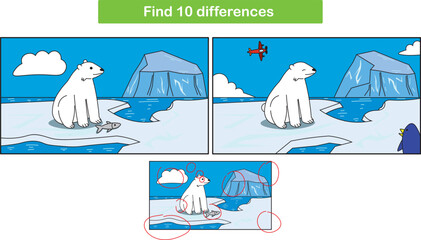 Cute polar bears are looking for fish. children's education. found 10 differences. Vector cartoon illustration. The game looks for differences.
