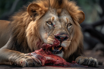 a lion is eating meat