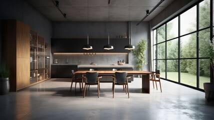 Modern spacious minimalistic kitchen with loft elements with large panoramic windows. Dining area, table and chairs. Combination of wood and concrete. Comfortable living space. Generative AI