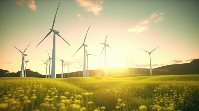 Stunning landscape with several wind generators on a blooming spring meadow under a bright morning sky. The concept of alternative energy, the priority of ecology on the planet. Generative AI