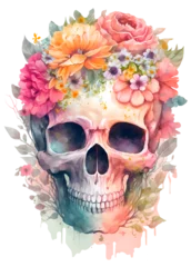 Papier Peint photo Crâne aquarelle Boho skull with pink and orange flowers illustrations in watercolor style. Sugar skull art on white background. Generative AI image.