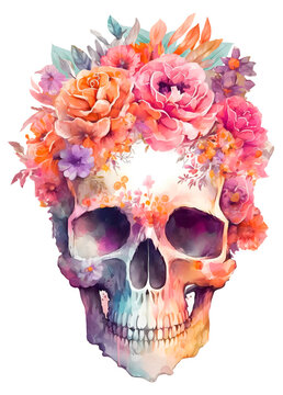 Boho skull with pink and orange flowers illustrations in watercolor style. Sugar skull art on white background. Generative AI image.